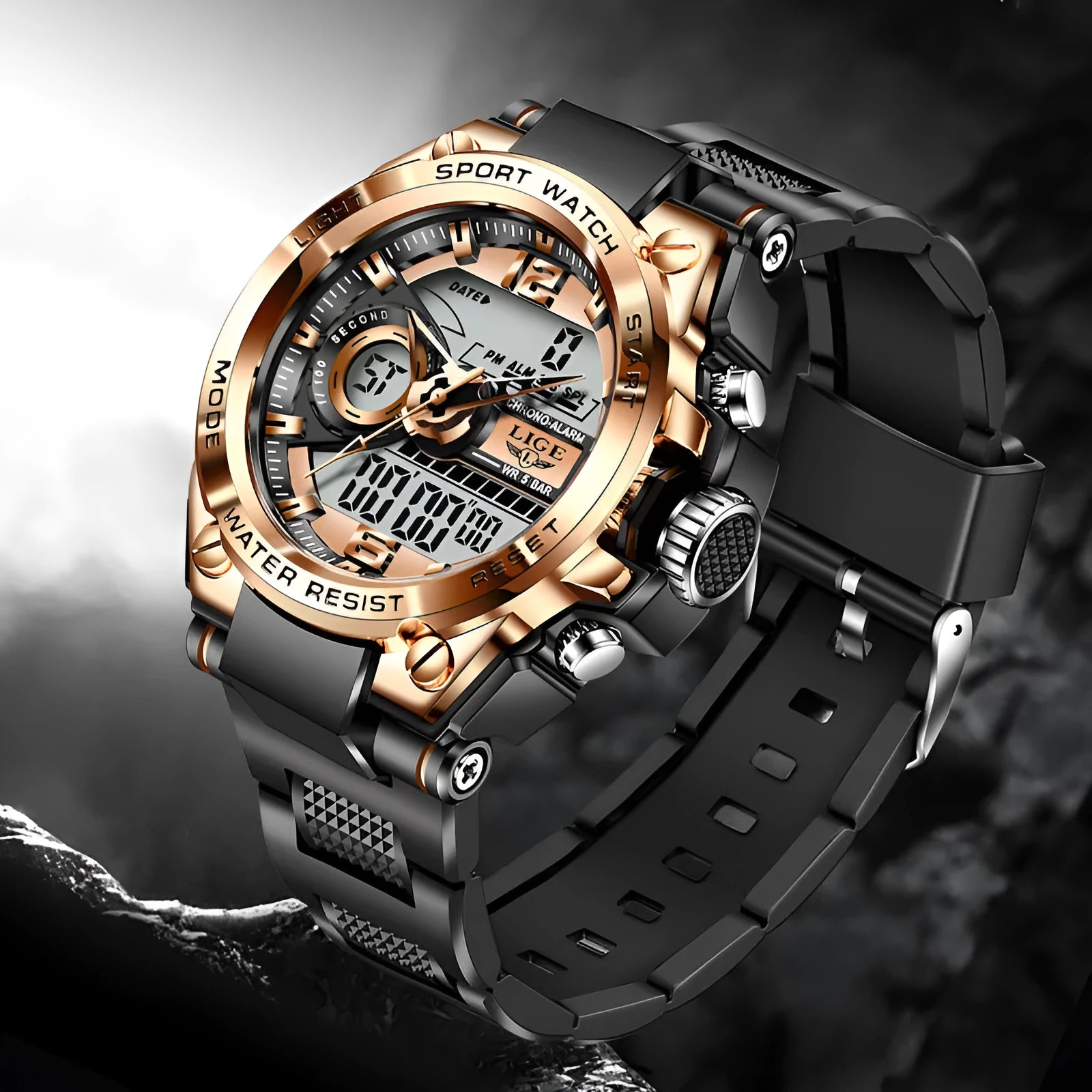 Quartz watch with luminous dial, plastic strap, and analogue digital display in black colour