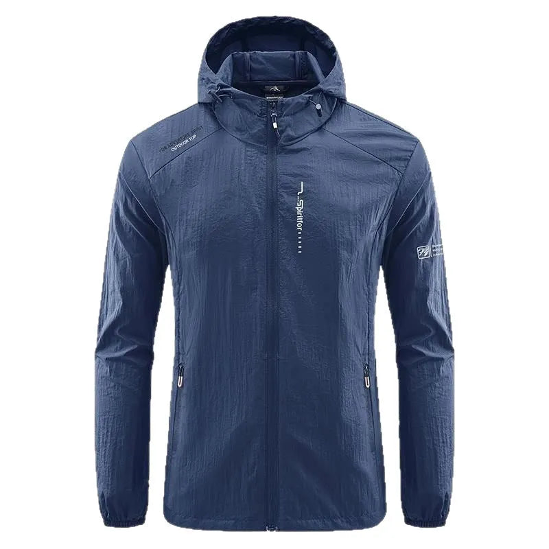Men's thin nylon hooded jacket in light grey colour showing loose fit summer design