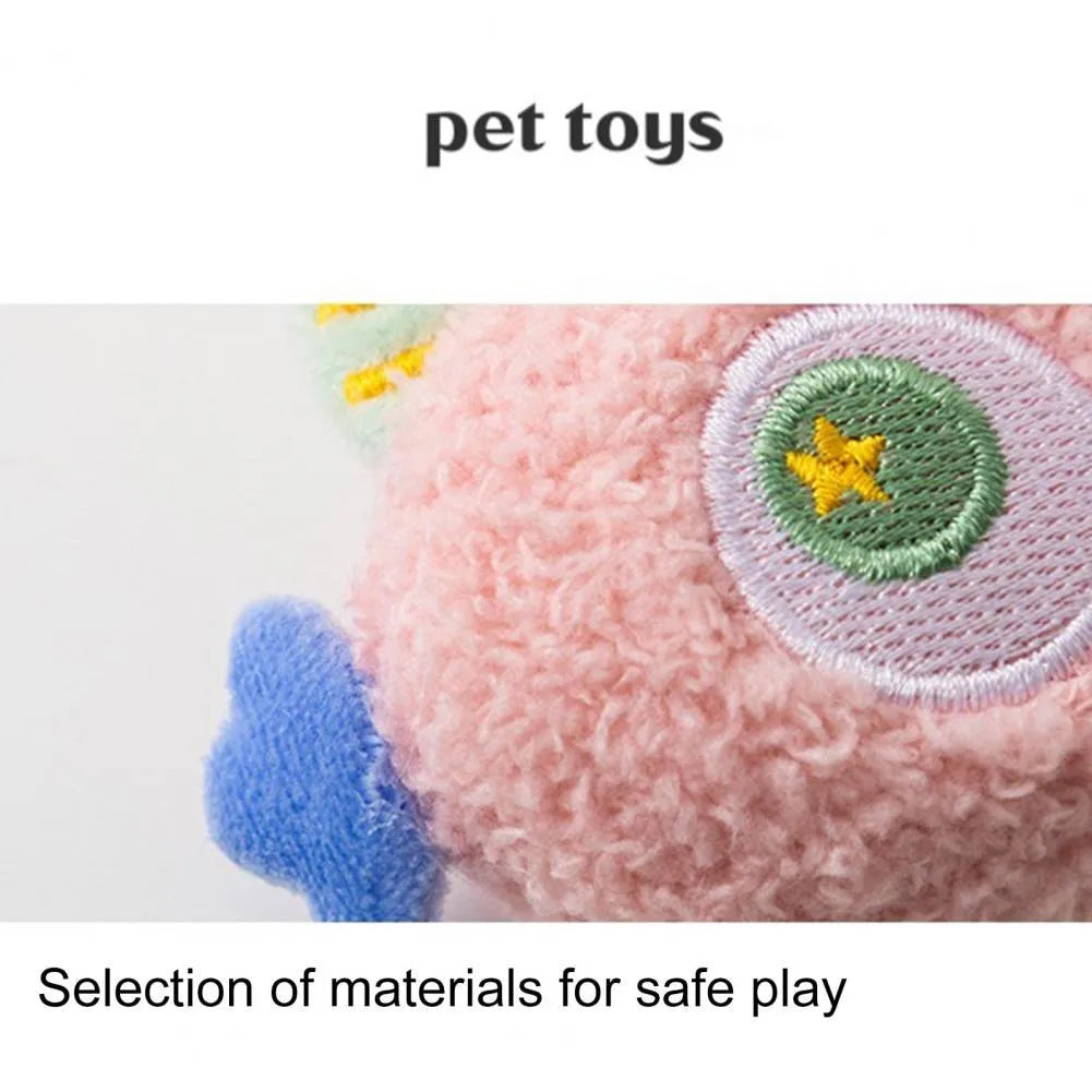 Cartoon-shaped plush dog chew toy with big eyes in multiple colour options