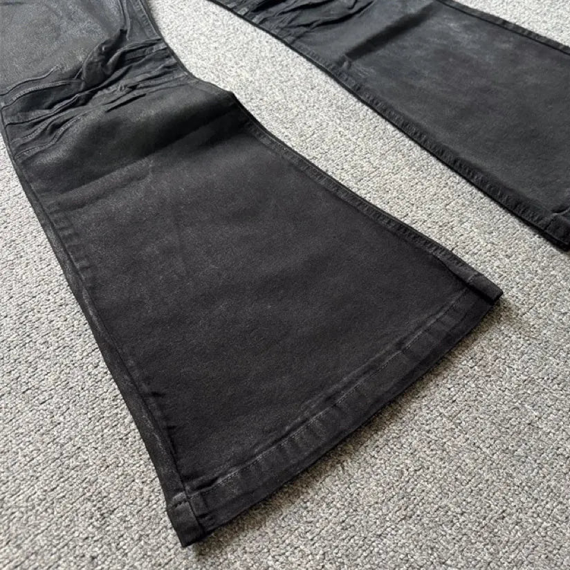 Retro black wax coating washed loose fit men's jeans with mid waist and zip fly