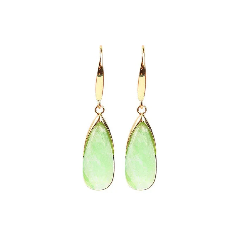 Copper geometric water droplet earrings with electroplated jade colour, Chinese retro style.