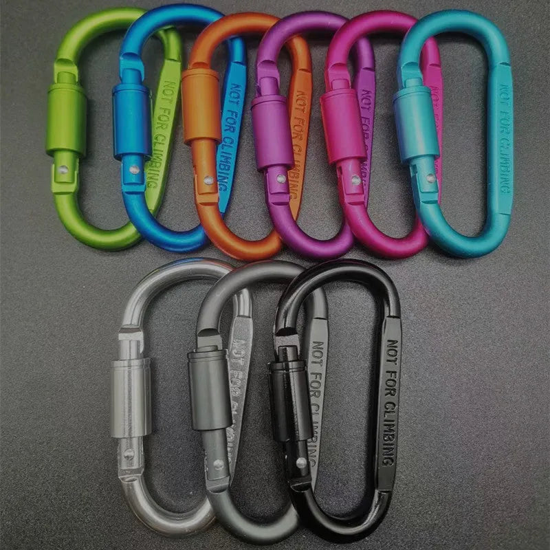Flat 8 cm D-shaped aluminium locking carabiner in a selection of colours.