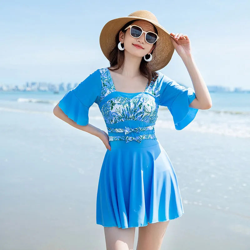 Women's green and blue seaside print one-piece swimsuit in Chemical Fibre blend fabric