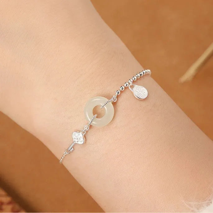 Women's 925 silver Hetian jade bracelet with Chinese style Ruyi Xiaofu geometric design