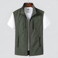 Sleeveless multi-pocket outdoor vest jacket in army green, gray, khaki or dark blue, slim fit, unhooded, sizes M-4XL.