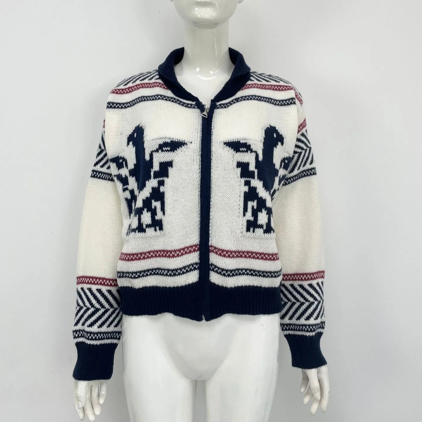 White women's zip-up cardigan with a lapel collar and a jacquard contrast stripe pattern.