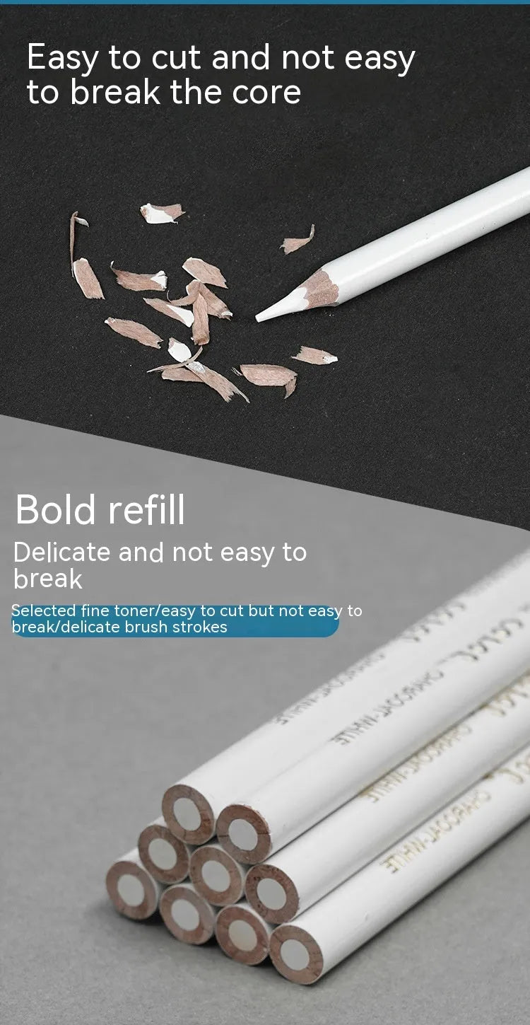 Three white charcoal drawing pencils for sketching and highlighting artwork.