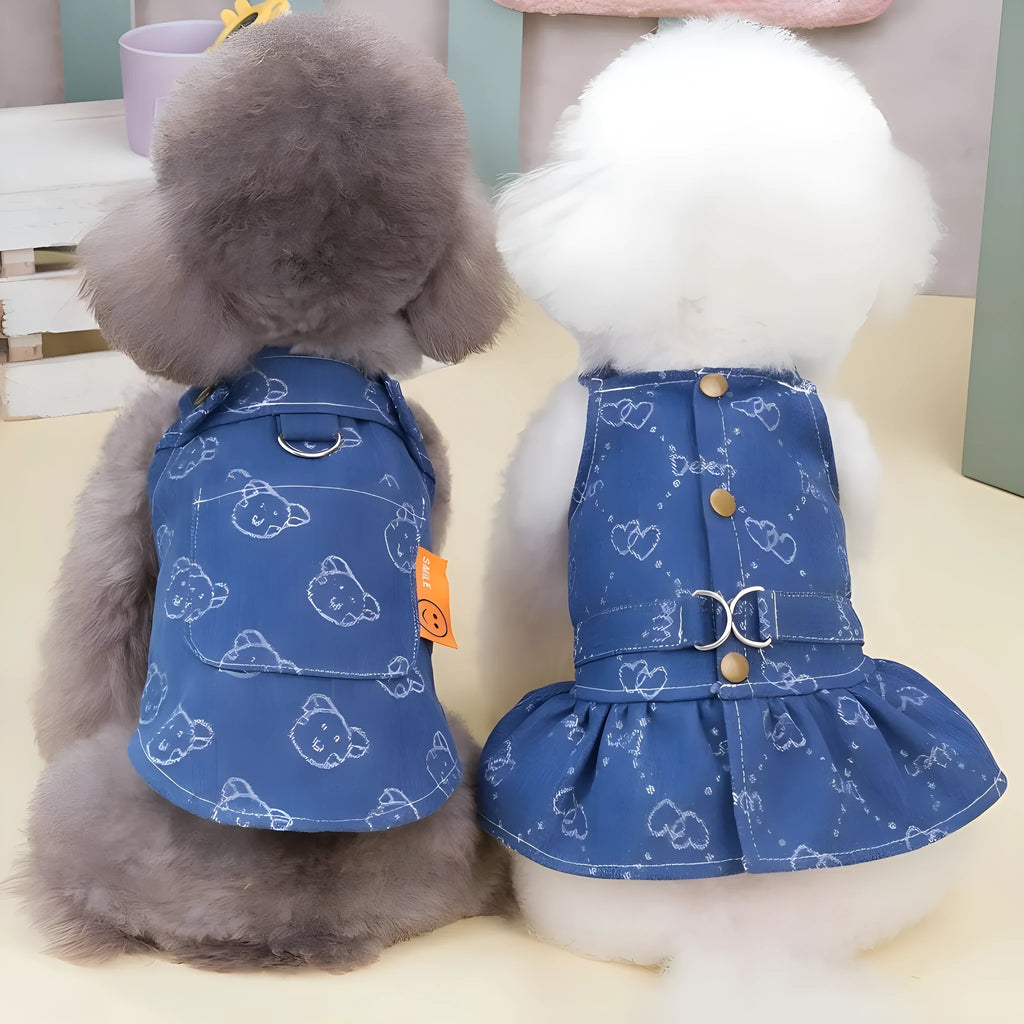 Denim princess dress for small Teddy or Bichon dog in bracket skirt style