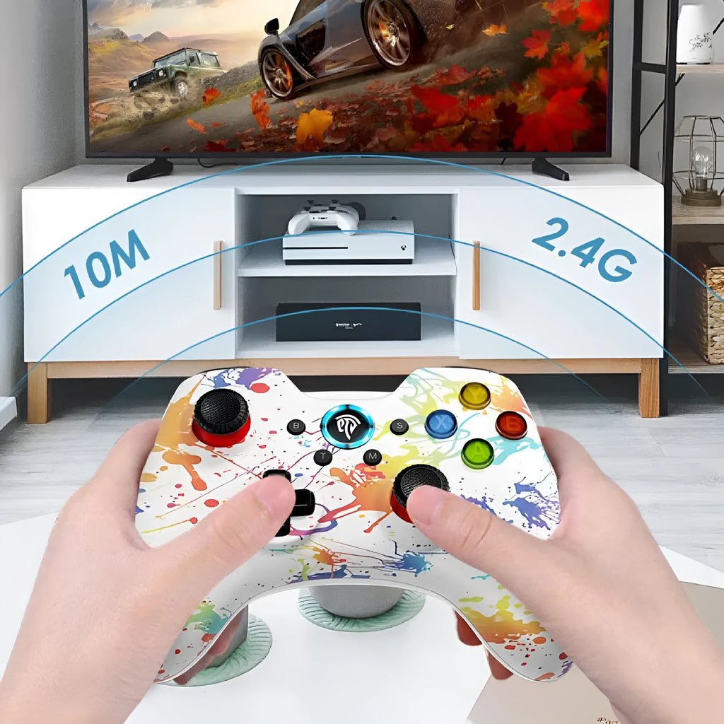 PC wireless game controller in black, green, red, or white with dual mode connectivity and adjustable vibration.