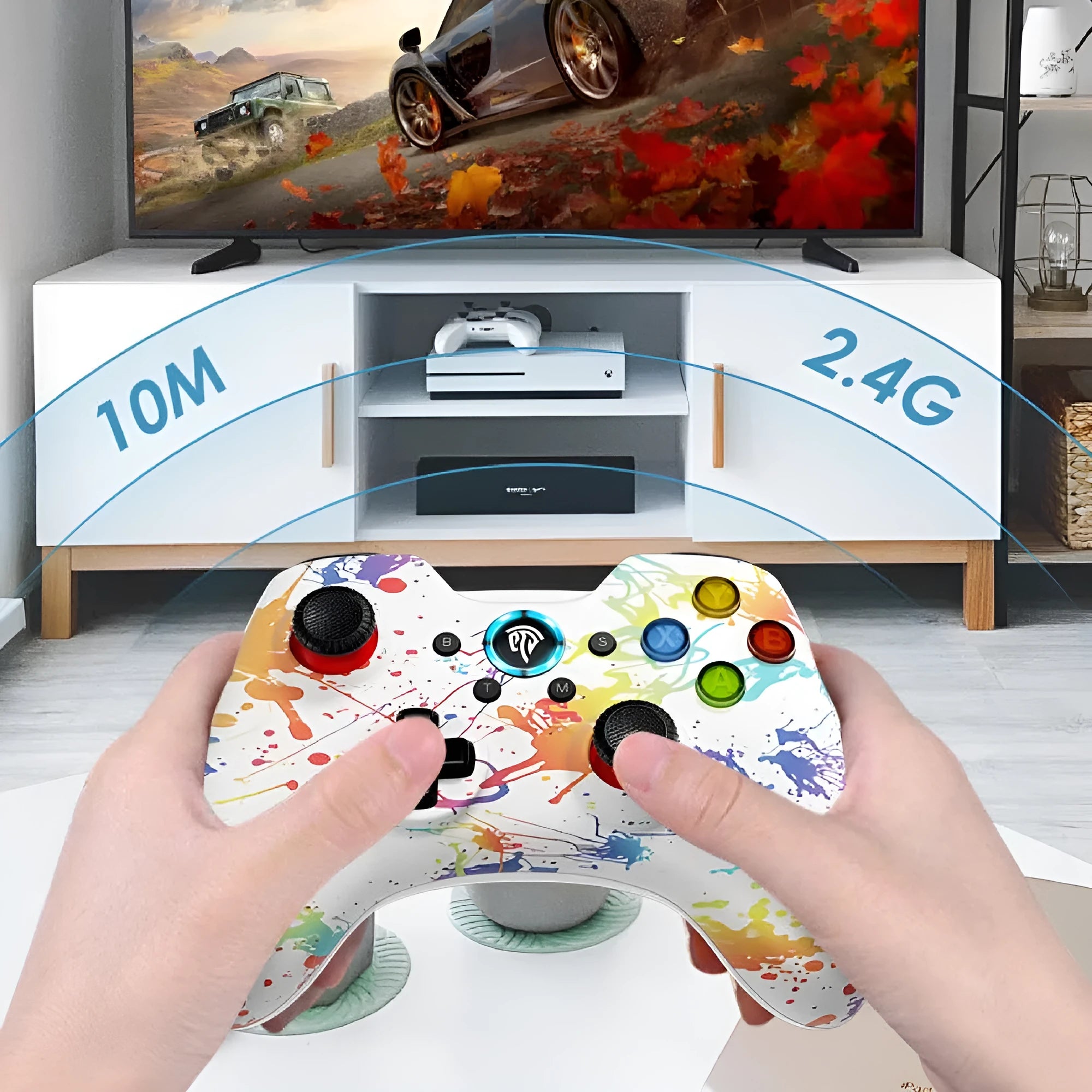 PC wireless game controller in black, green, red, or white with dual mode connectivity and adjustable vibration.