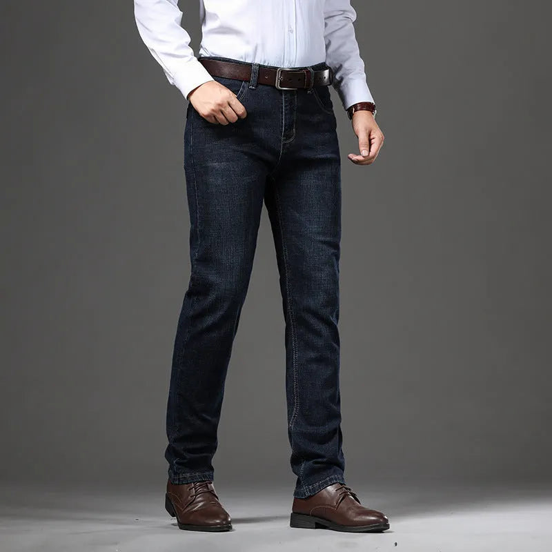 Stretch jeans in black or blue with straight-leg business casual styling for autumn winter wear