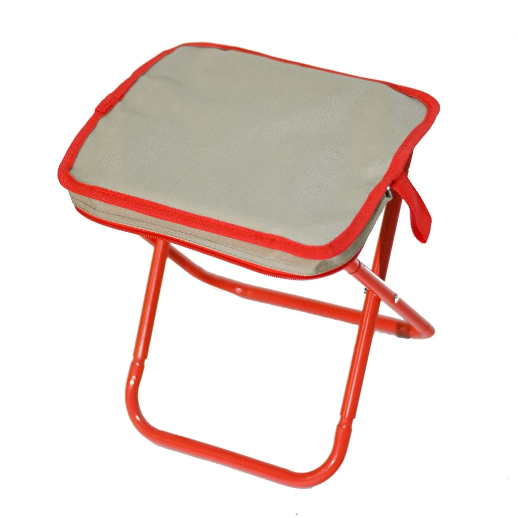 Lightweight foldable camp stool in Oxford cloth, shown in khaki colour, folded and unfolded.
