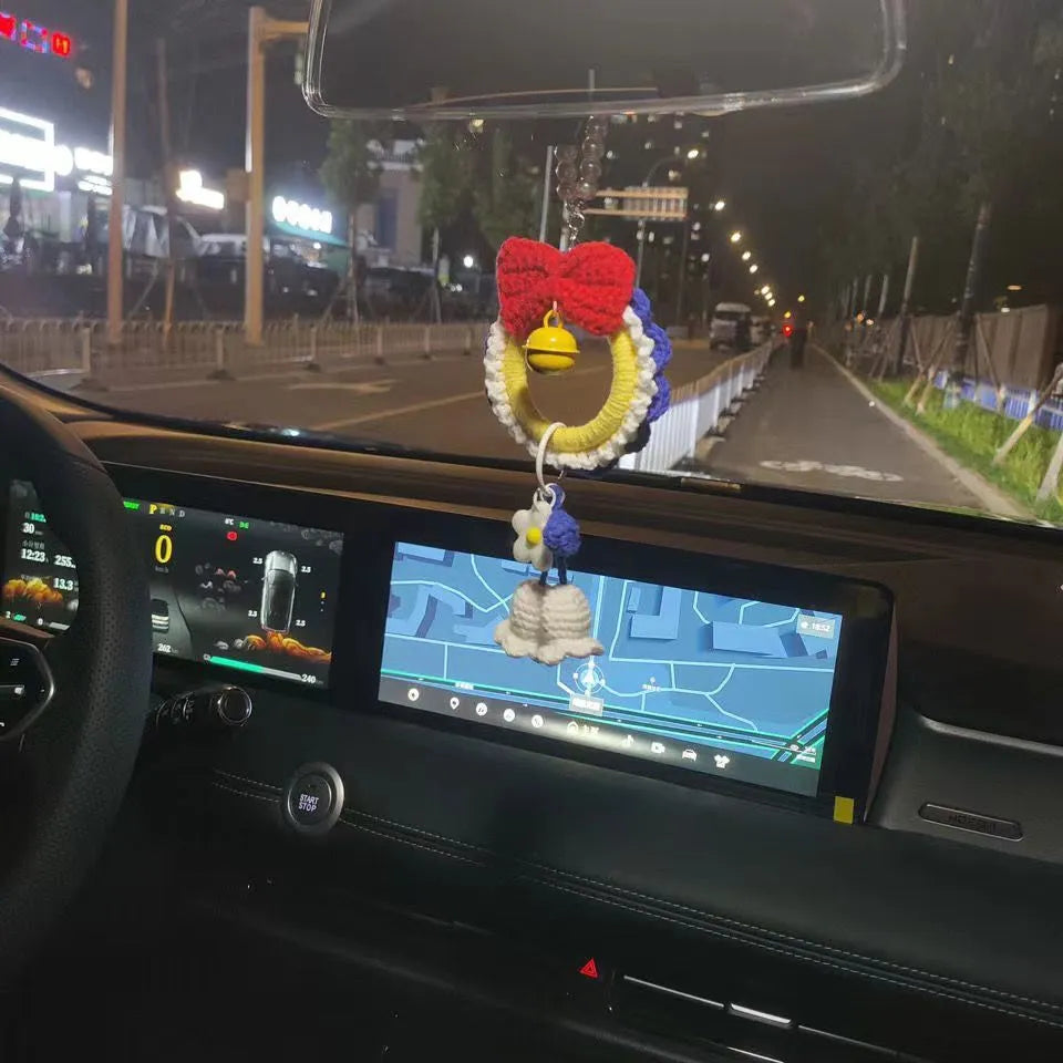 Handmade Snow White plush yarn car hanging ornament with optional red wind chime.