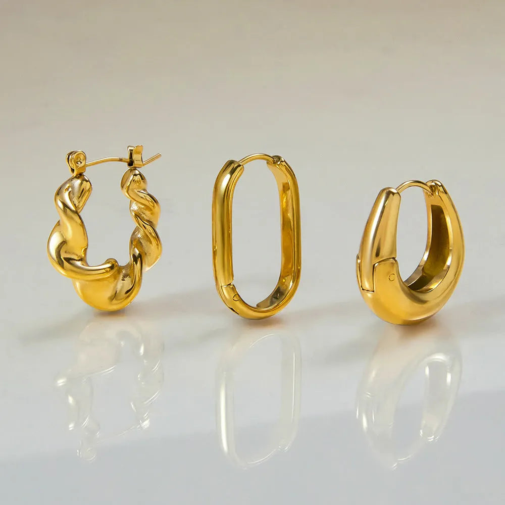 Geometric ellipse-shaped stainless steel ear clip with electroplated 18K gold finish for women