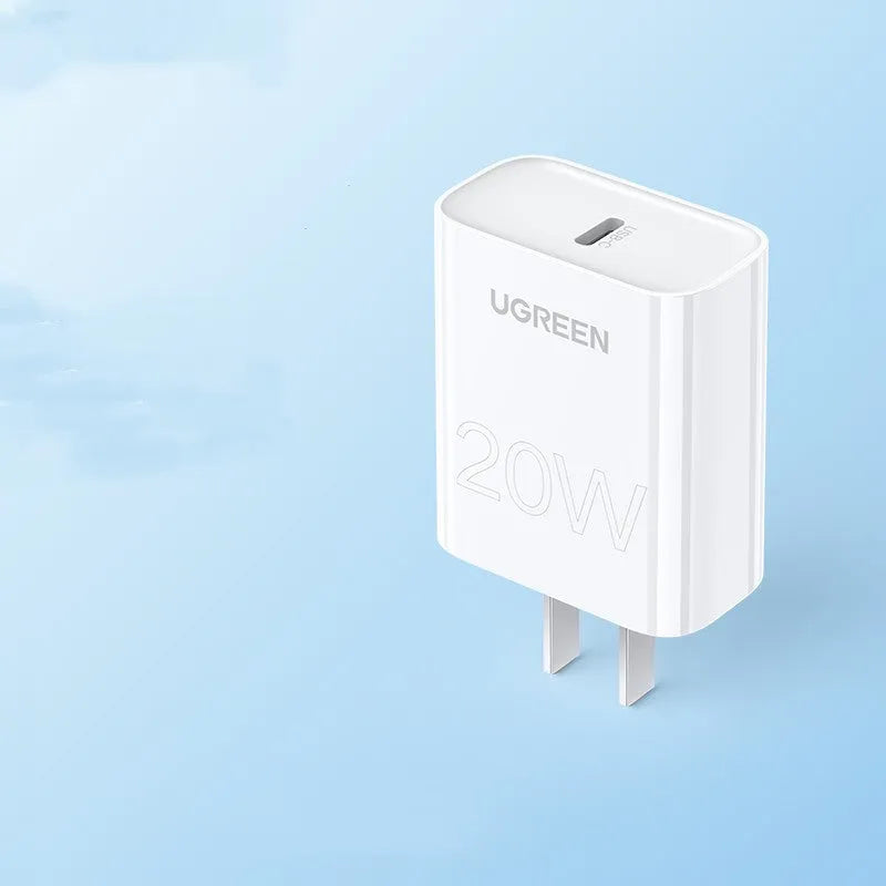 White 20W USB-C PD charger, MFi certified, compact 70x35x90mm, for iPhone 8-14