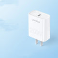 White 20W USB-C PD charger, MFi certified, compact 70x35x90mm, for iPhone 8-14