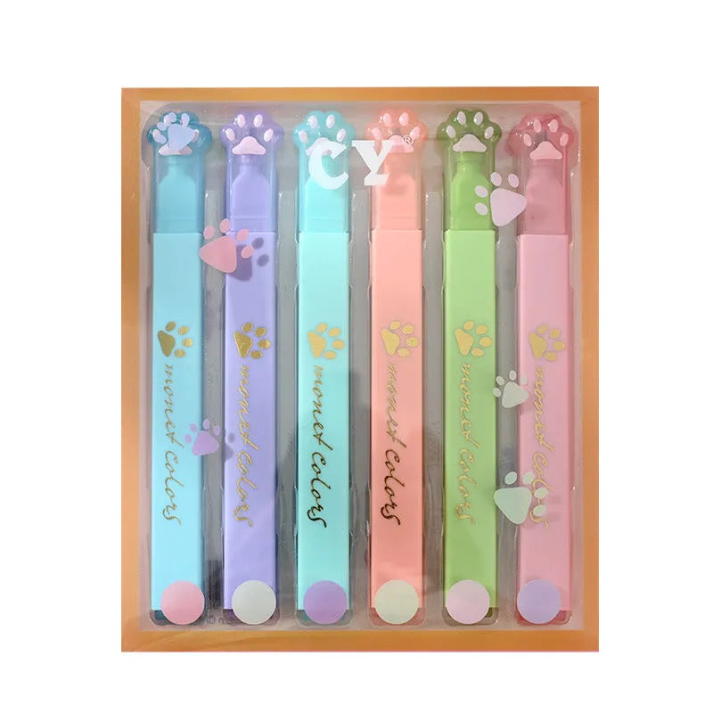 Cat's Paw brand set of six fluorescent marker pens with oblique nibs in a box.