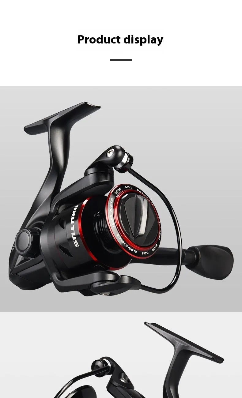 All-metal spinning fishing reel shown in four series sizes with telescopic fishing rod