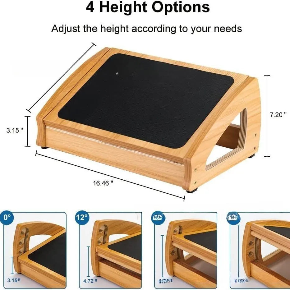 Wooden bamboo office desk footstool in natural wood colour with modern simple design.
