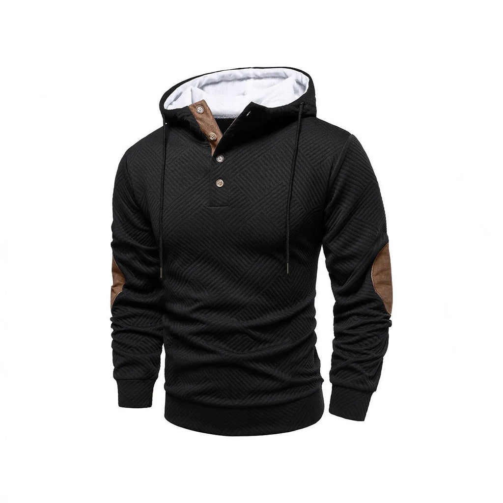 Men's loose hooded casual pullover in dark gray, long sleeves, polyester fibre construction