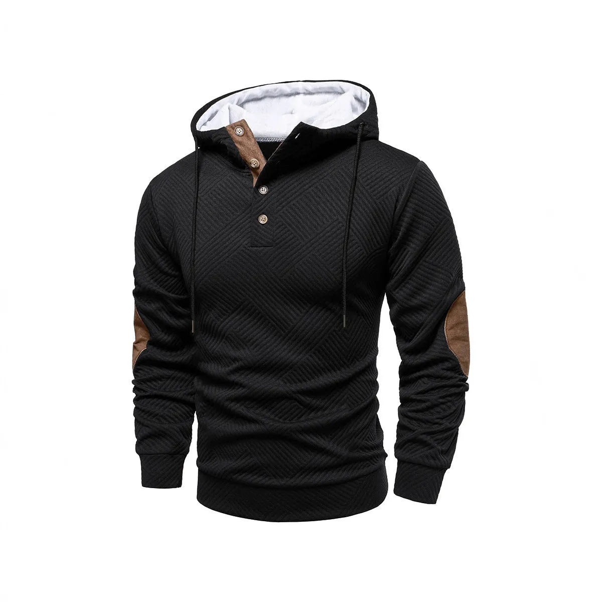 Men's loose hooded casual pullover in dark gray, long sleeves, polyester fibre construction
