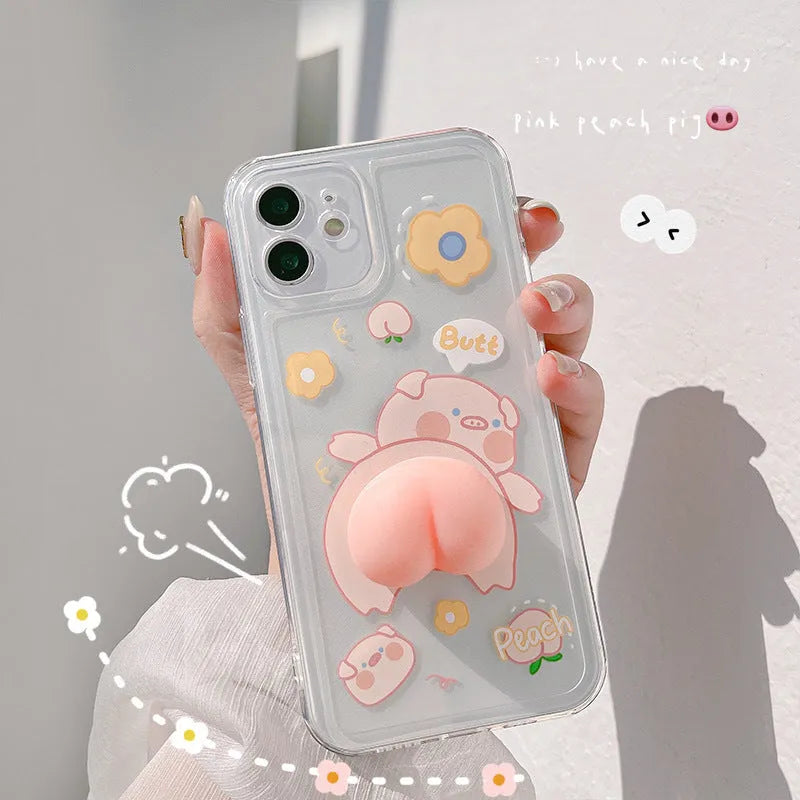 Transparent silicone phone case with a three-dimensional piggy butt design compatible with Apple iPhone