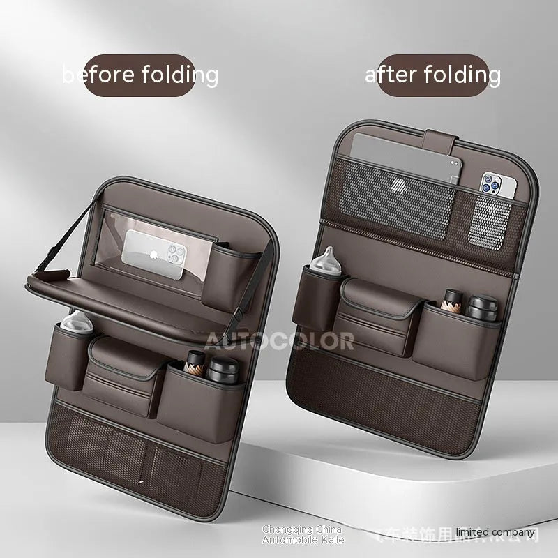 Leather car seat storage bag with foldable dining table in obsidian black colour