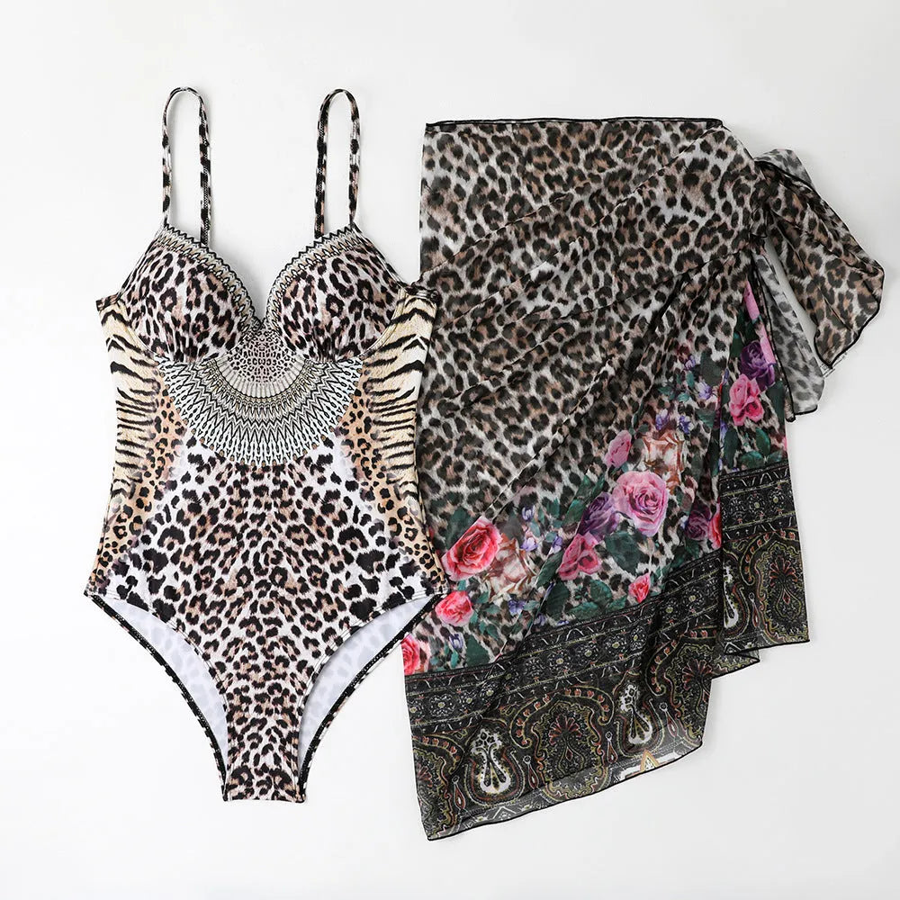 Women's leopard print one-piece swimsuit with matching mesh long dress and pants