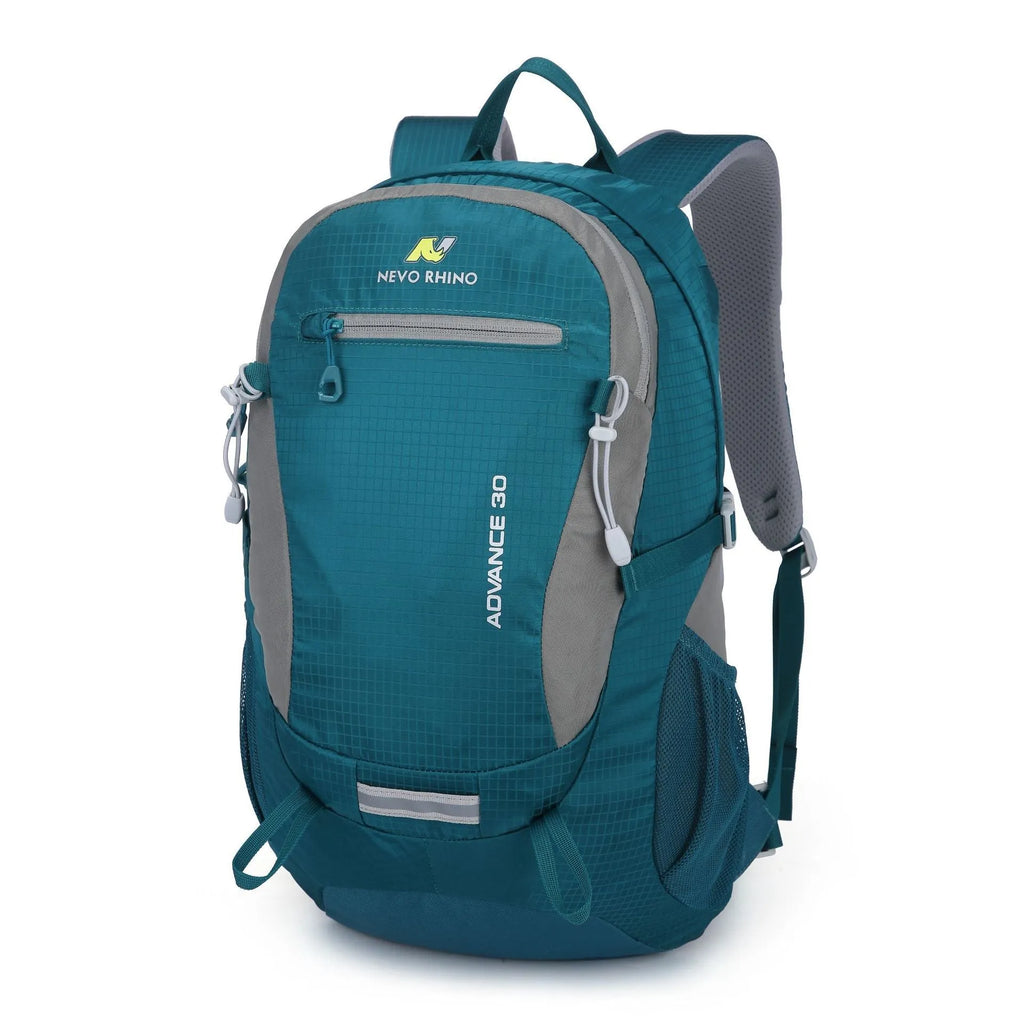 30-litre nylon waterproof backpack in dark green colour with air pillow straps.