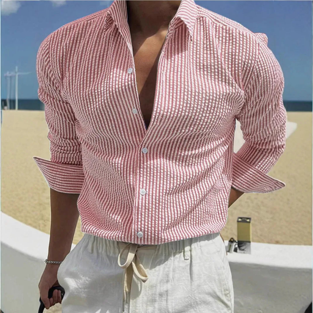 Men's blue striped long sleeve shirt with a cardigan lapel collar, laid flat.