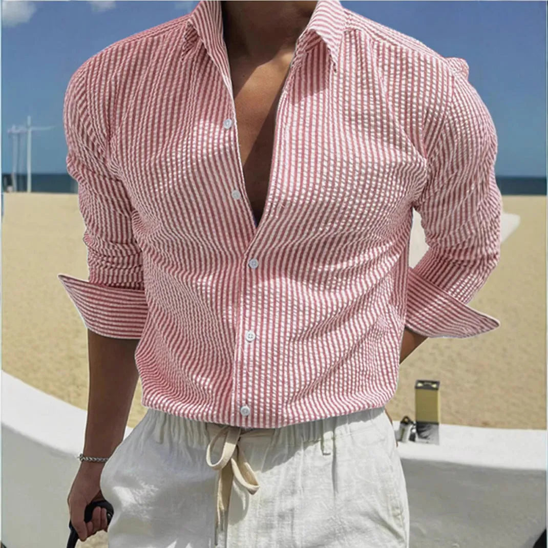 Men's blue striped long sleeve shirt with a cardigan lapel collar, laid flat.