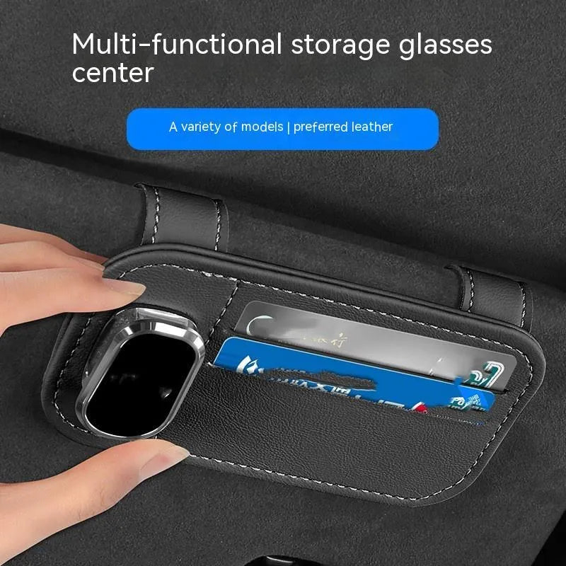 Genuine cowhide leather car sun visor organiser with card slots and integrated glasses clip