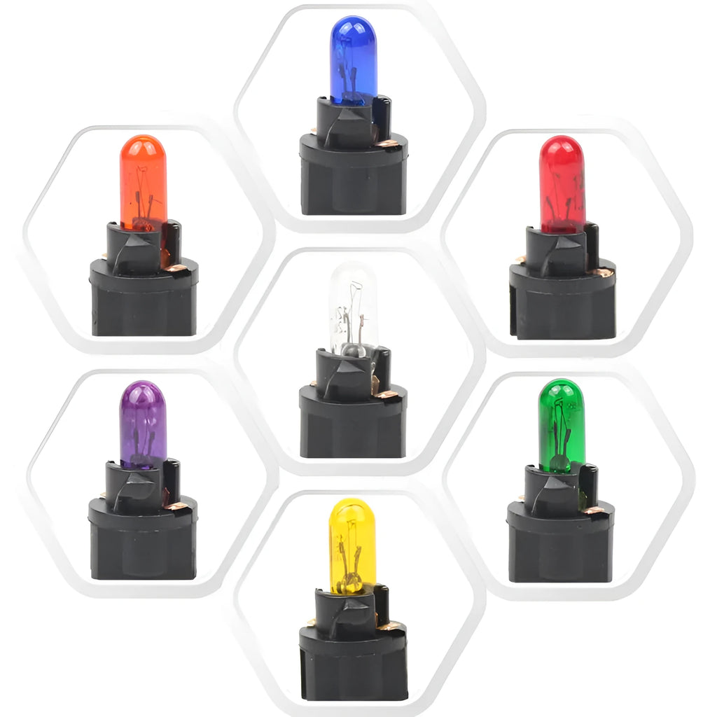 T5 12V 1.2W automotive wedge base bulb in amber, blue, green, purple, red, and yellow colours.