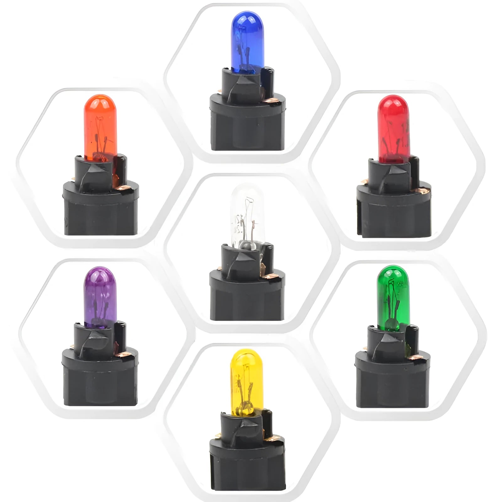 T5 12V 1.2W automotive wedge base bulb in amber, blue, green, purple, red, and yellow colours.