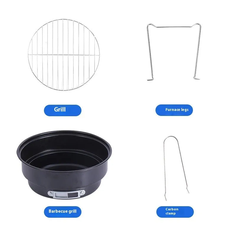 Small round folding metal ice stove with barbecue grill and mesh, packed in a carry bag.