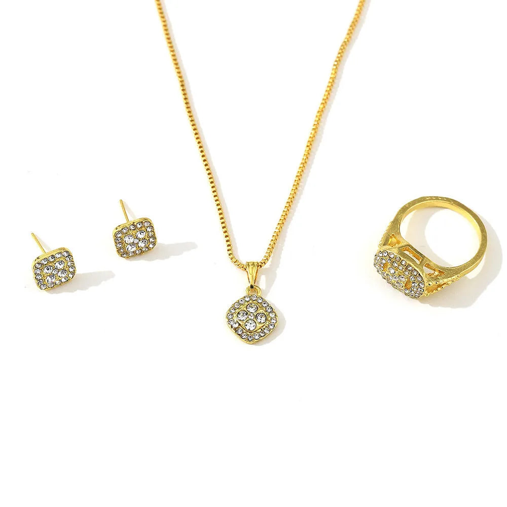 Alloy rhinestone three-piece wedding set with ring, stud earrings and 67cm necklace in gold