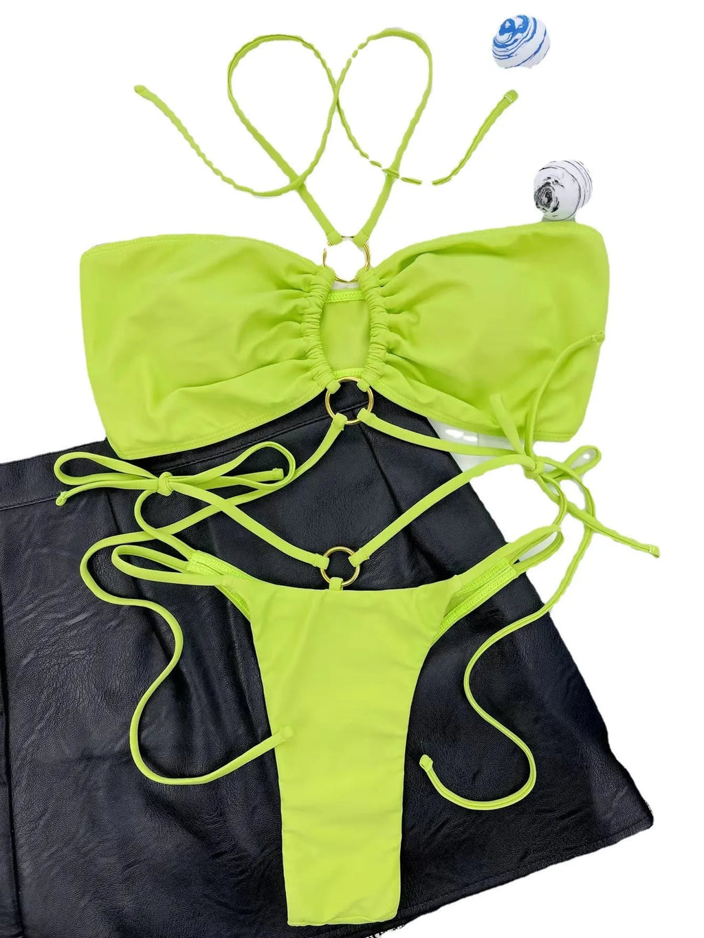 Women's yellow green lace-up triangle bikini swimsuit with t-pants