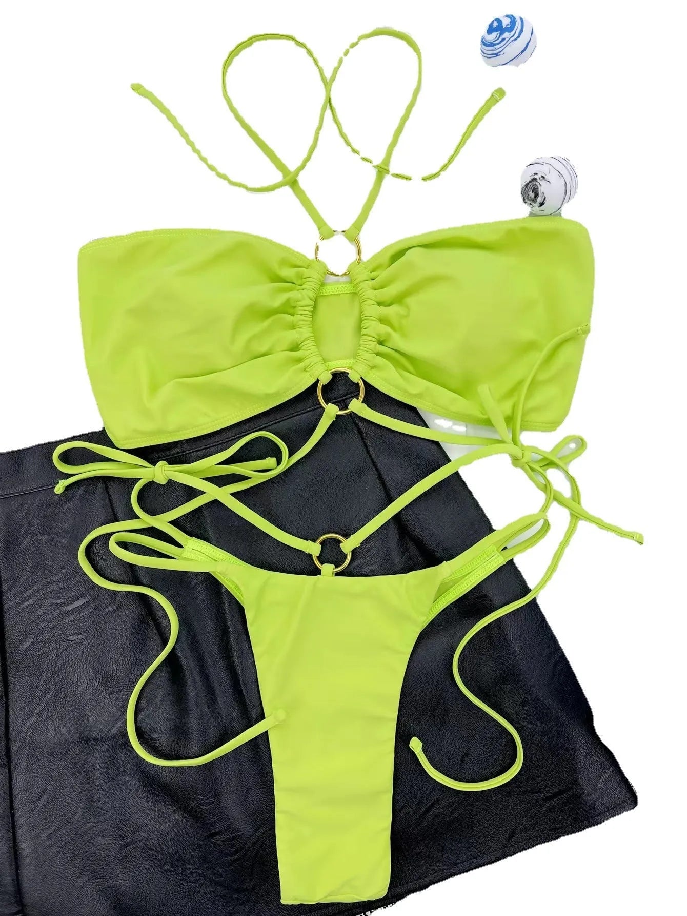 Women's yellow green lace-up triangle bikini swimsuit with t-pants