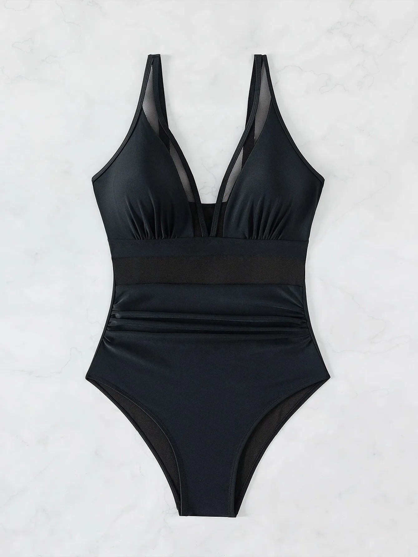 Black mesh halter bikini one-piece swimsuit for women in nylon fabric