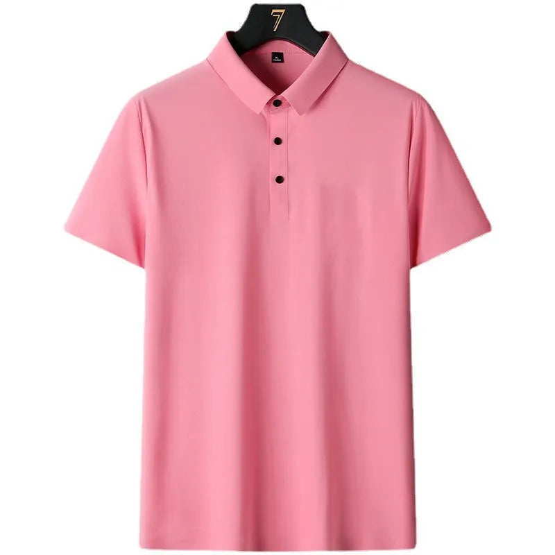 Men's solid colour non-iron short sleeve business shirt in nylon fabric on a hanger.