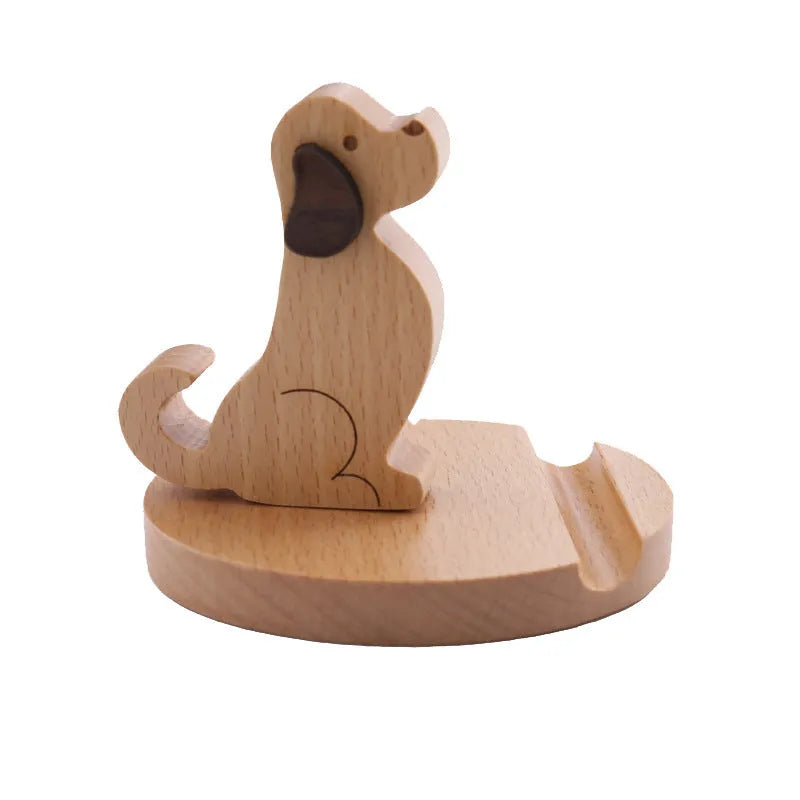 Brown solid wood desktop phone holder shaped like a cartoon puppy with spray paint finish