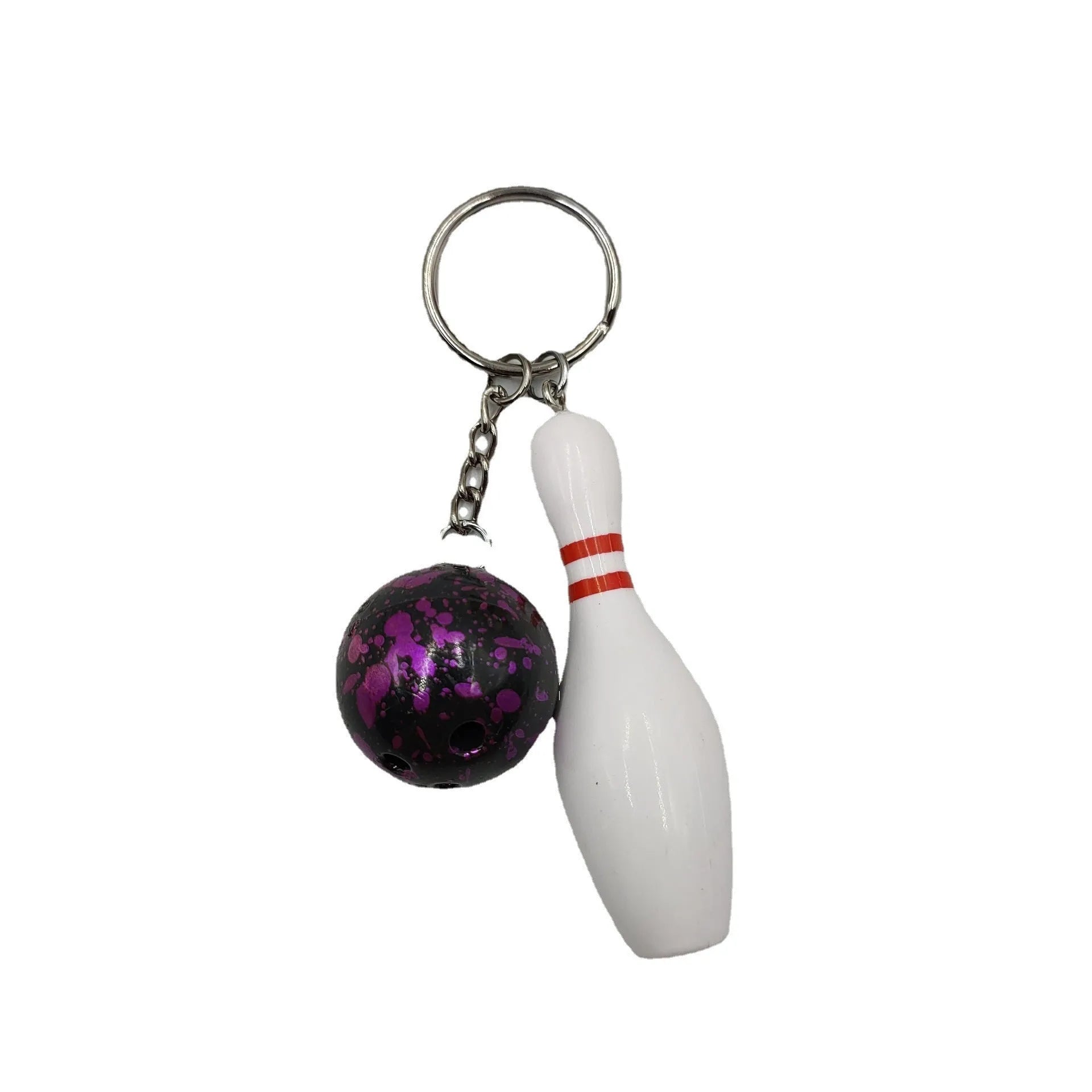 Mini bowling pin simulation keychain in blue, red, green, and purple colours on a metal ring.