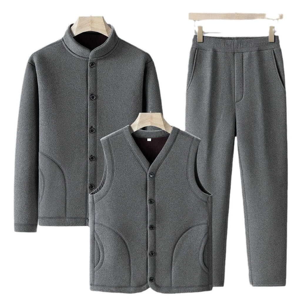 Men wearing dark gray velvet sport suit with long-sleeve jacket and trousers, wool lined winter tracksuit