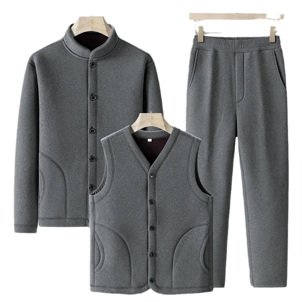 Men wearing dark gray velvet sport suit with long-sleeve jacket and trousers, wool lined winter tracksuit