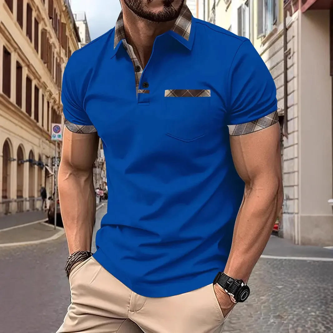 Man wearing a short sleeve plaid colourblock T-shirt with zipper detail on a white background.