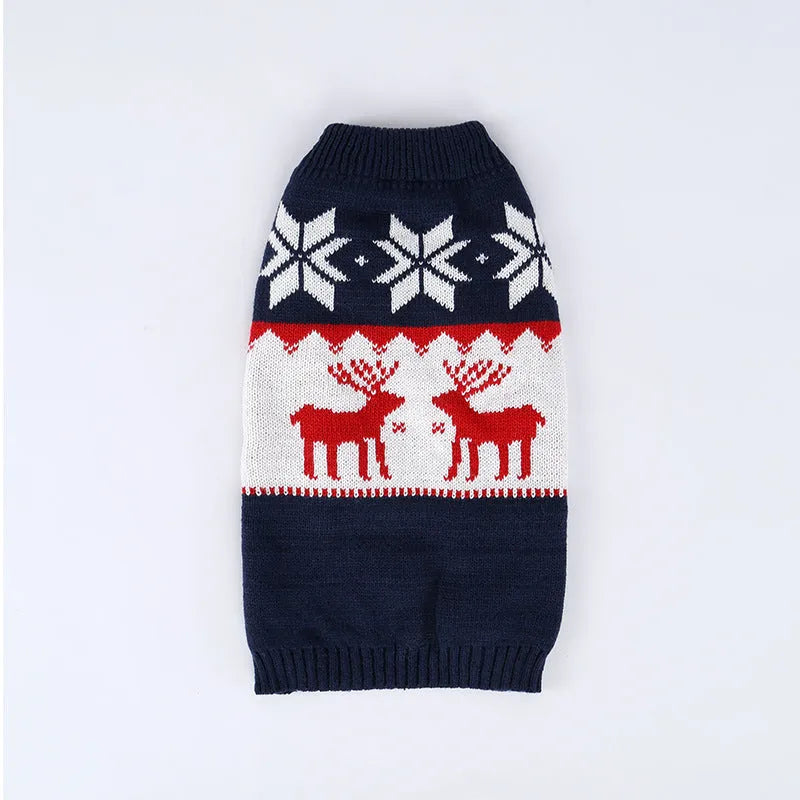 Navy blue knitted Christmas sweater for dogs showing European American styling on pet model