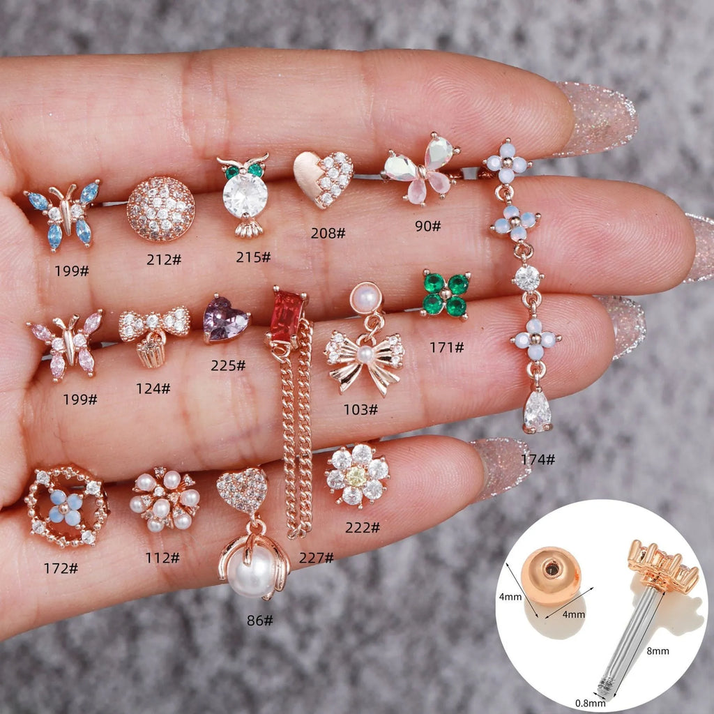 Korean-style tassel flower screw ball ear cartilage piercing in brass with floral design