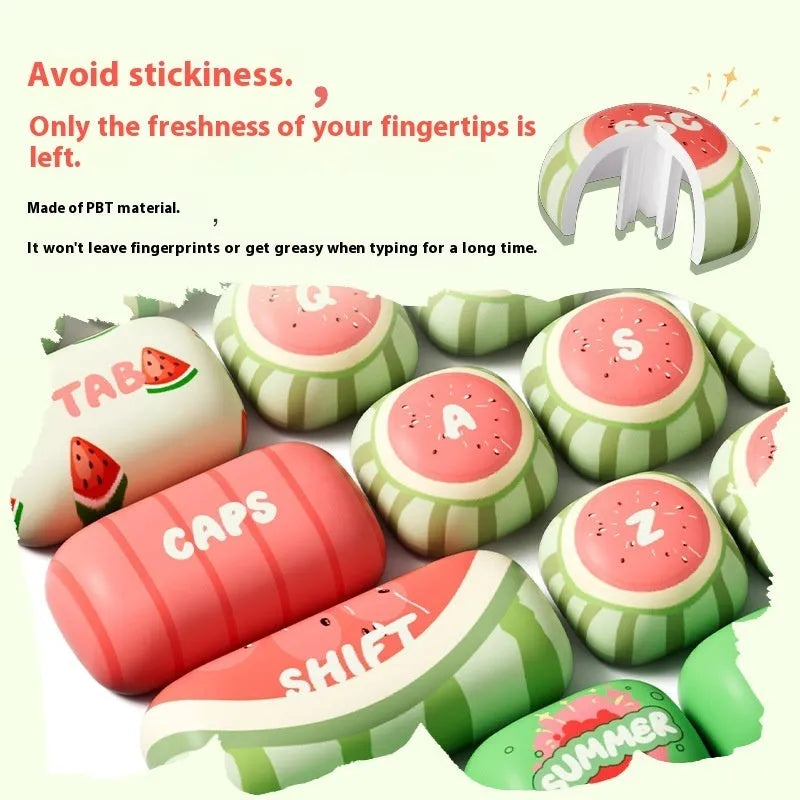Watermelon theme PBT key cap set for mechanical keyboards, showing Xia Yang colour design on small steamed bun profile caps.