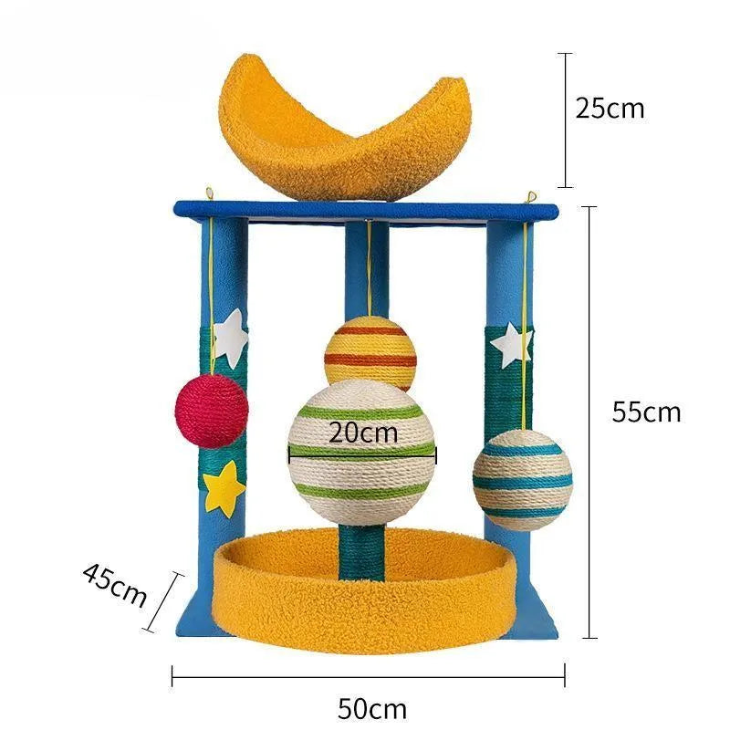 Star-shaped cat climbing frame with teddy velvet shelf nest and sisal scratching post in medium size cartoon style