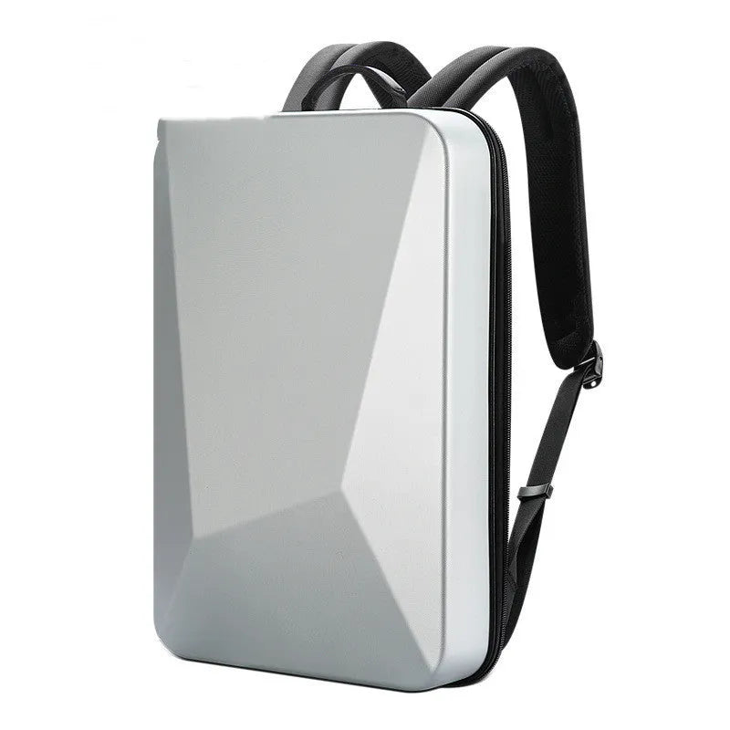 Men's grey hard shell laptop backpack with lockable zipper, showing internal phone and document pockets.